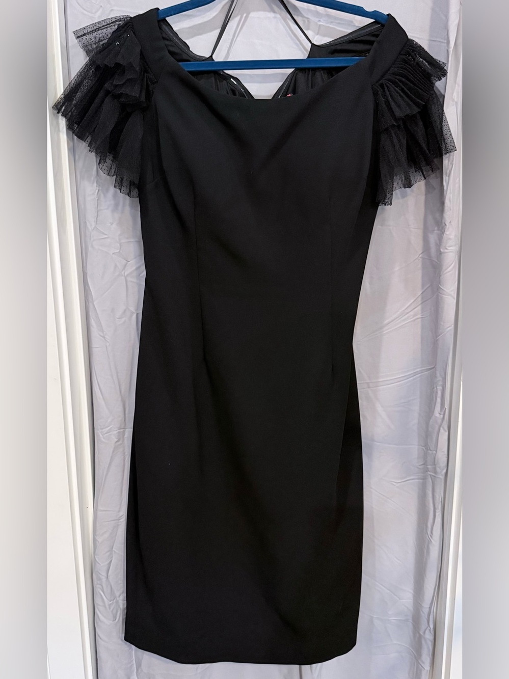 Carmen Marc Valvo Black Sheath Dress with Tulle Ruffle Sleeve